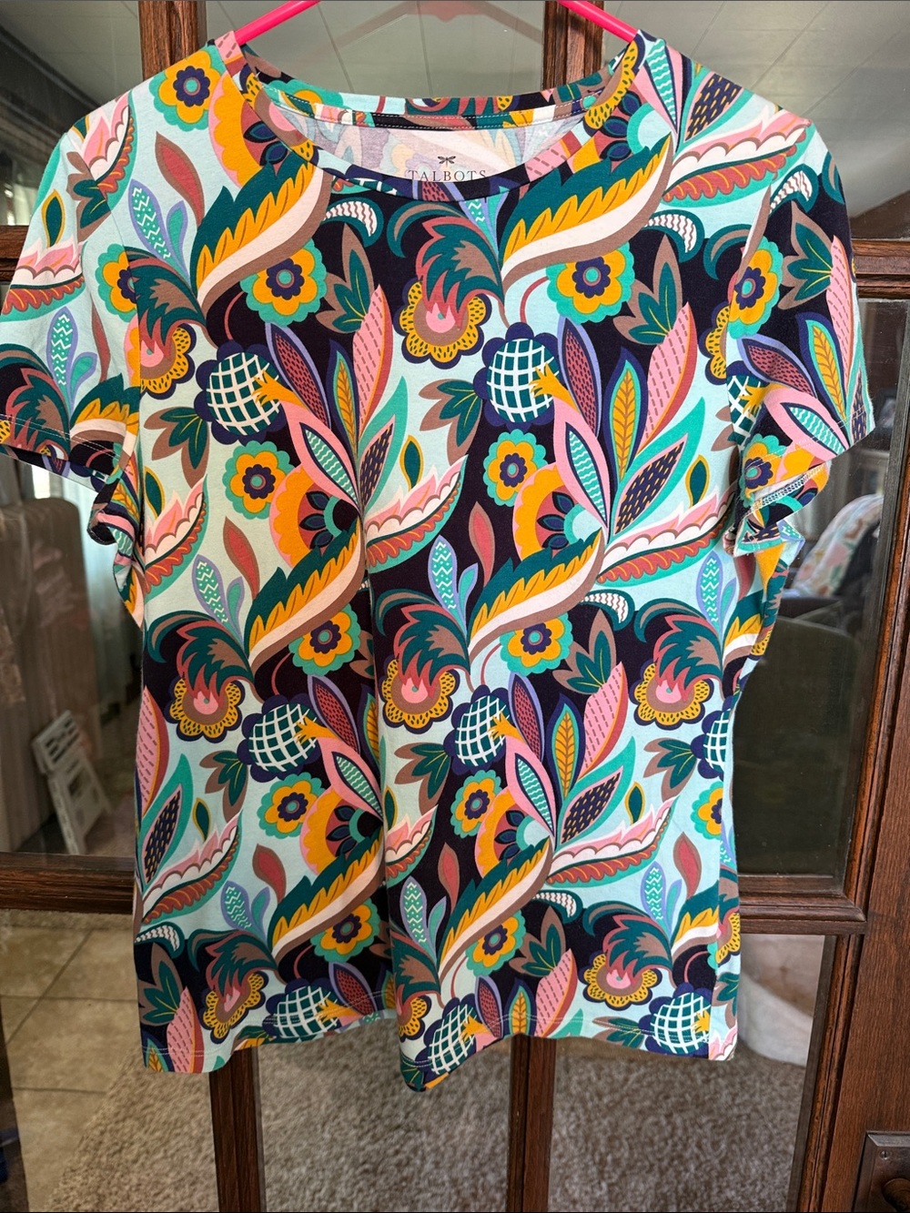 Talbots Petites Multicolor Botanical Floral Paisley Short Sleeve Tee Top LP